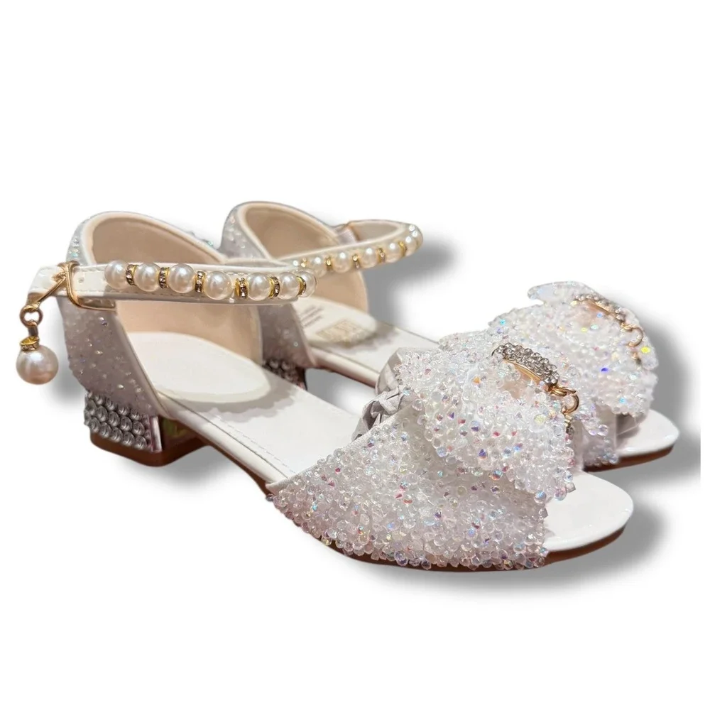NIB SaiBeiji Kids Girls White Sparkle Bow Pearl Strap Dress Shoes Sz 11.5